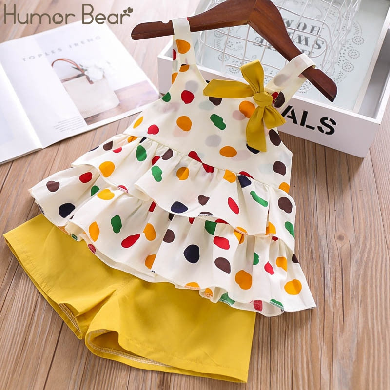 Humor Bear Summer New Grils Clothes Korean Dot Girl Big Bow T-shirt+ Shorts Children Clothing Set Kids Girls Clothes Suit