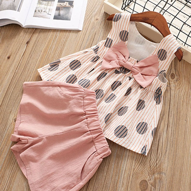 Humor Bear  Summer New Grils Clothes Korean Dot Girl Big Bow T-shirt+ Shorts Children Clothing Set Kids Girls Clothes Suit