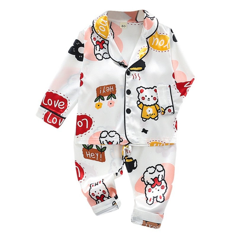 Toddler Silk Satin Pajamas Pyjamas Set Cartoon Kids Boys Girls Sleepwear Autumn Nightwear Suit Girl Home Clothes Boy Loungewear