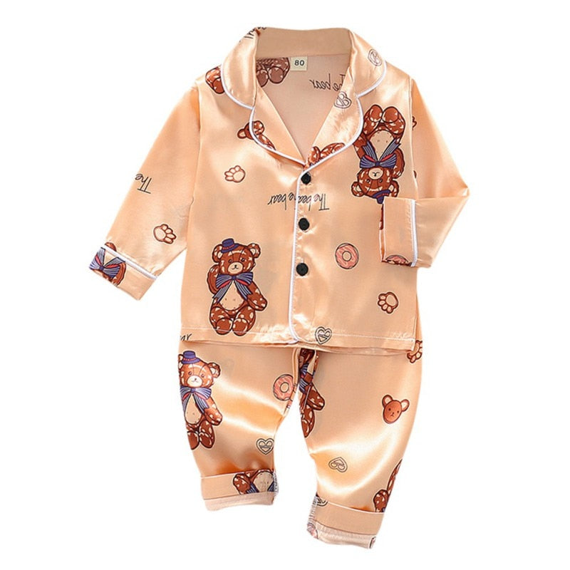 Toddler Silk Satin Pajamas Pyjamas Set Cartoon Kids Boys Girls Sleepwear Autumn Nightwear Suit Girl Home Clothes Boy Loungewear