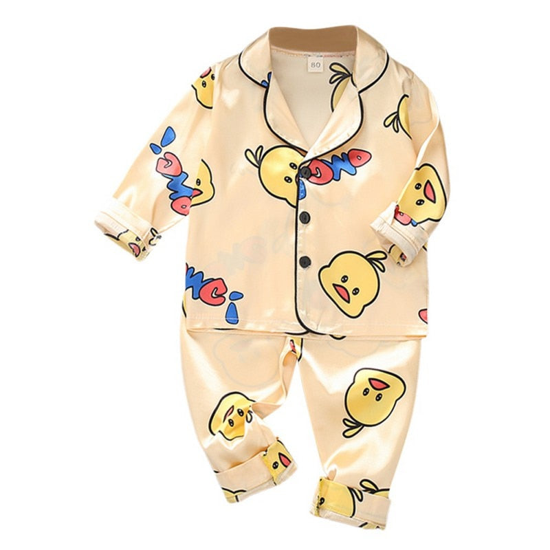 Toddler Silk Satin Pajamas Pyjamas Set Cartoon Kids Boys Girls Sleepwear Autumn Nightwear Suit Girl Home Clothes Boy Loungewear