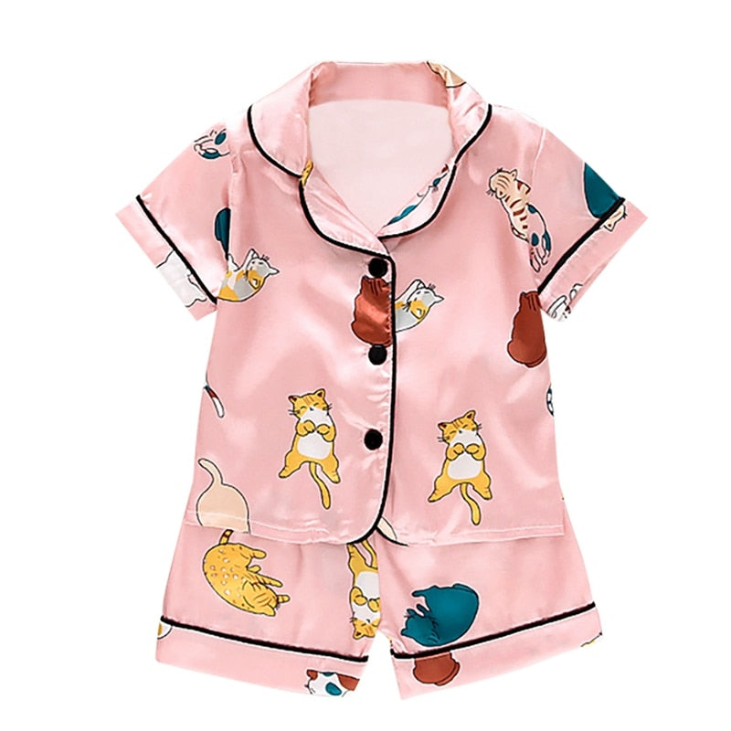 Toddler Silk Satin Pajamas Pyjamas Set Cartoon Kids Boys Girls Sleepwear Autumn Nightwear Suit Girl Home Clothes Boy Loungewear