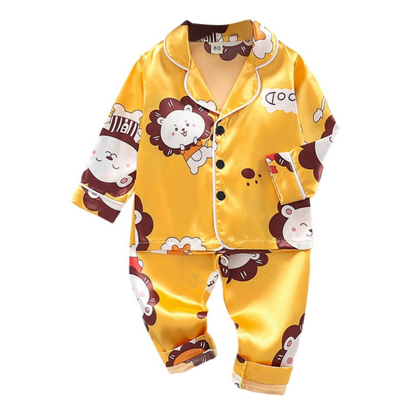 Toddler Silk Satin Pajamas Pyjamas Set Cartoon Kids Boys Girls Sleepwear Autumn Nightwear Suit Girl Home Clothes Boy Loungewear