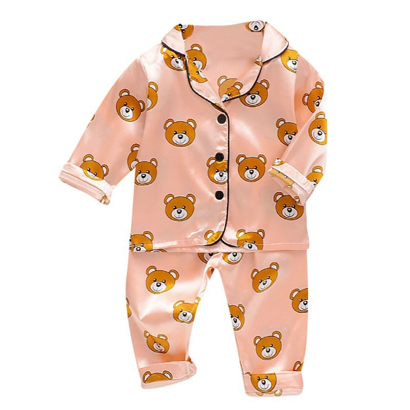 Toddler Silk Satin Pajamas Pyjamas Set Cartoon Kids Boys Girls Sleepwear Autumn Nightwear Suit Girl Home Clothes Boy Loungewear