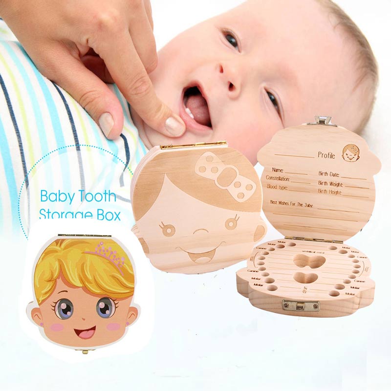 English Spanish Russia Text Baby Boy Girl Fallen Tooth Box Storage Natural Wood Case Save Milk Teeth Collection Organizer Holder