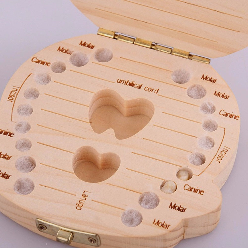 English Spanish Russia Text Baby Boy Girl Fallen Tooth Box Storage Natural Wood Case Save Milk Teeth Collection Organizer Holder