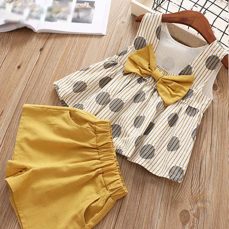 Humor Bear  Summer New Grils Clothes Korean Dot Girl Big Bow T-shirt+ Shorts Children Clothing Set Kids Girls Clothes Suit