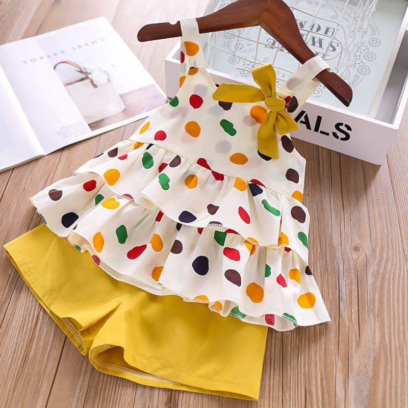 Humor Bear  Summer New Grils Clothes Korean Dot Girl Big Bow T-shirt+ Shorts Children Clothing Set Kids Girls Clothes Suit