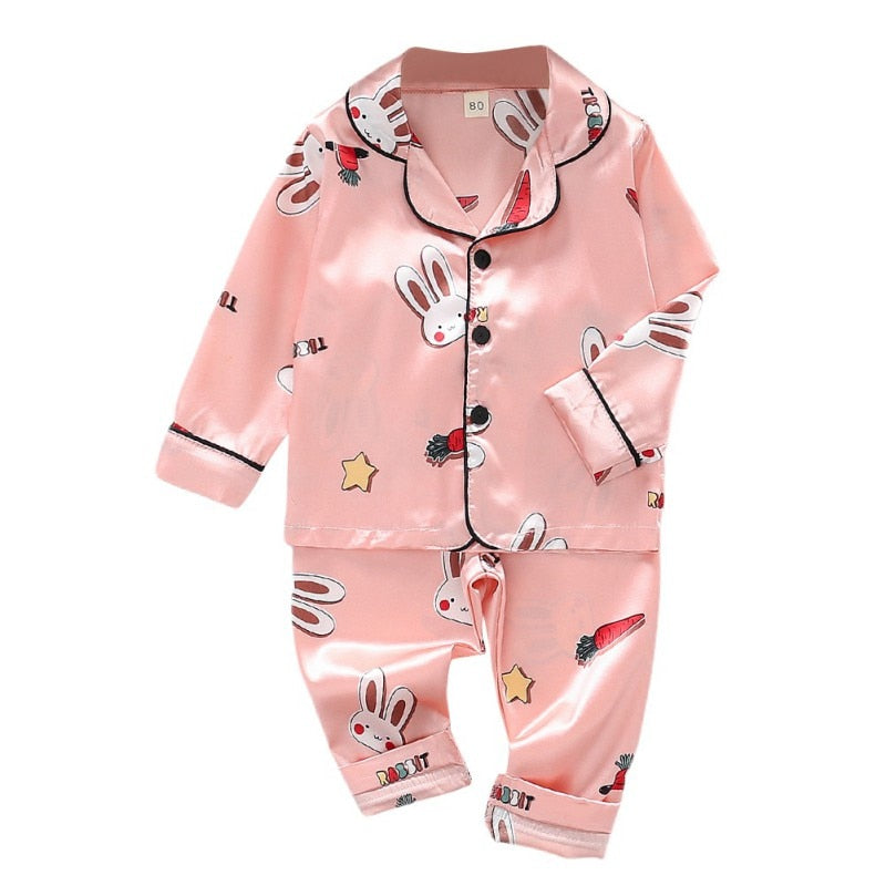 Toddler Silk Satin Pajamas Pyjamas Set Cartoon Kids Boys Girls Sleepwear Autumn Nightwear Suit Girl Home Clothes Boy Loungewear