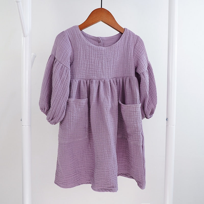 Autumn Spring Children's Clothes Organic Cotton Double Gauze Loose Pockets Baby Girls Dress Fashion Princess Casual Kids Dresses