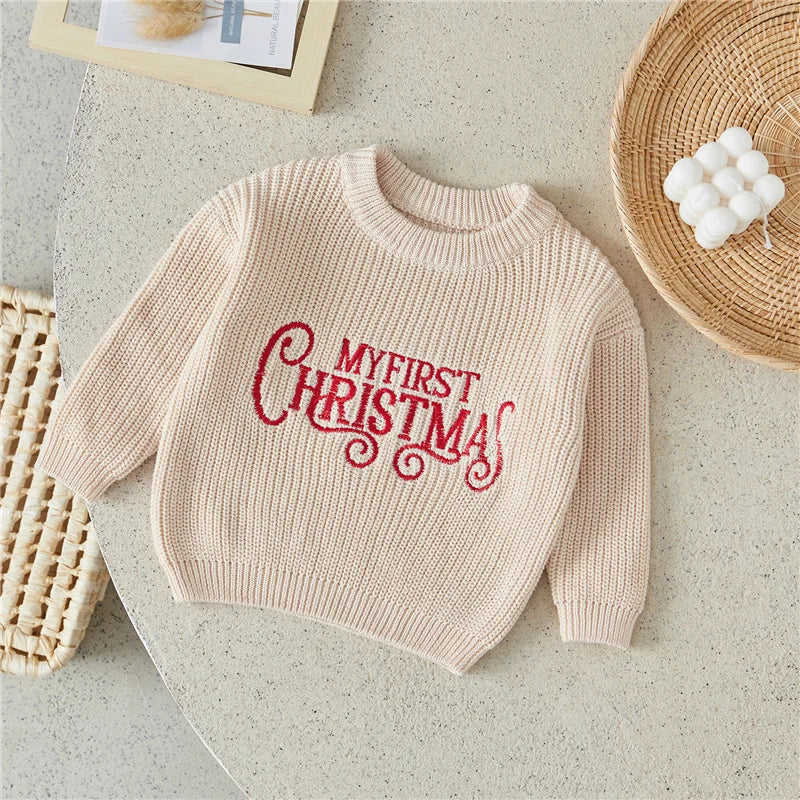 Suefunskry Newborn Baby Girl Boy Knitted Long Sleeve Autumn Winter Sweater Christmas Letter Print Loose Pullover Casual Tops