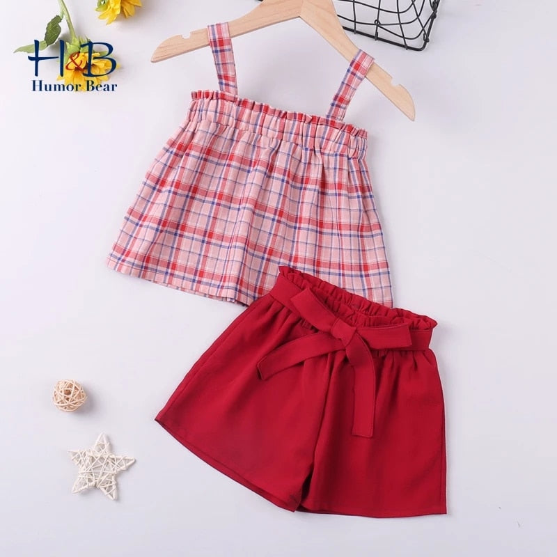 Humor Bear  Summer New Grils Clothes Korean Dot Girl Big Bow T-shirt+ Shorts Children Clothing Set Kids Girls Clothes Suit