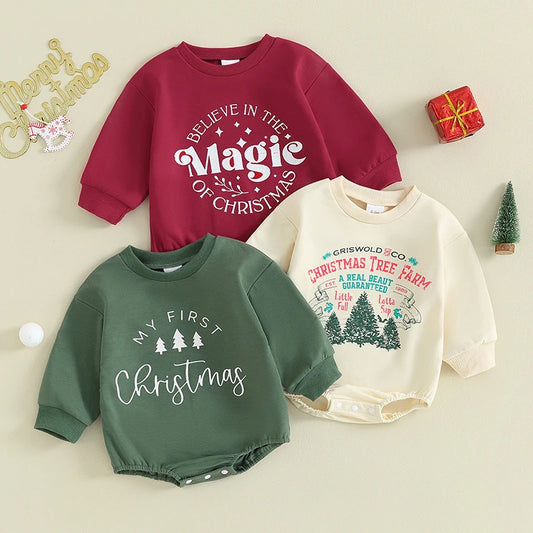 Newborn Baby Girls Boys Bodysuit Long Sleeves Christmas Letter Tree Printed Rompers Cotton Infant Sweatshirt Jumpsuits