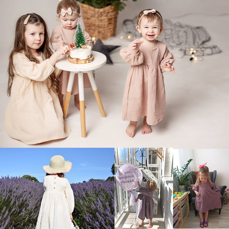 Autumn Spring Children's Clothes Organic Cotton Double Gauze Loose Pockets Baby Girls Dress Fashion Princess Casual Kids Dresses