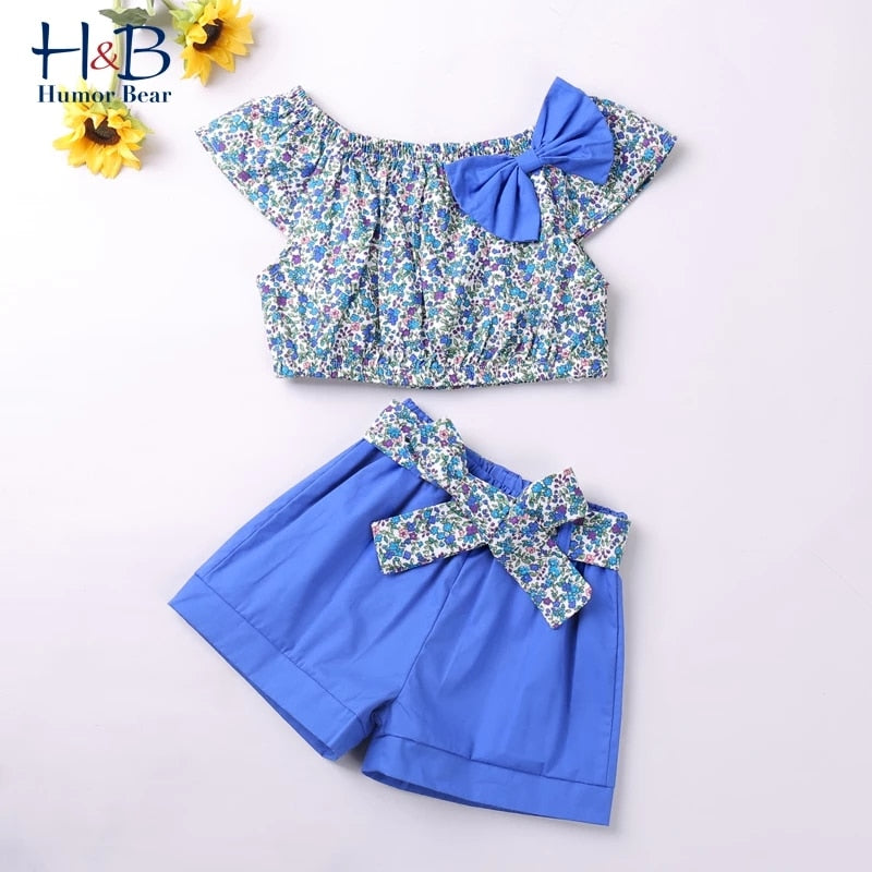 Humor Bear  Summer New Grils Clothes Korean Dot Girl Big Bow T-shirt+ Shorts Children Clothing Set Kids Girls Clothes Suit