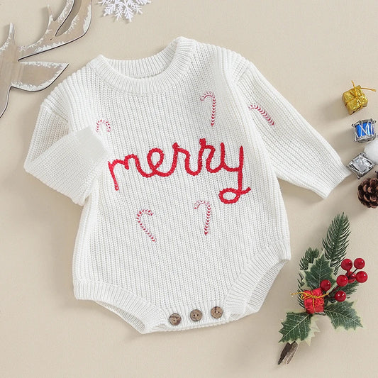Newborn Baby Knit Sweater Romper Letter Embroidery Christmas Girls Boys Knitwear Long Sleeve Winter Bodysuit For Infant Outfits