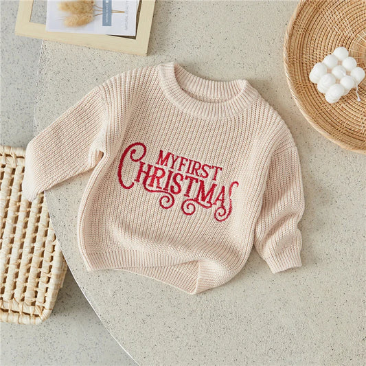 Suefunskry Newborn Baby Girl Boy Knitted Long Sleeve Autumn Winter Sweater Christmas Letter Print Loose Pullover Casual Tops