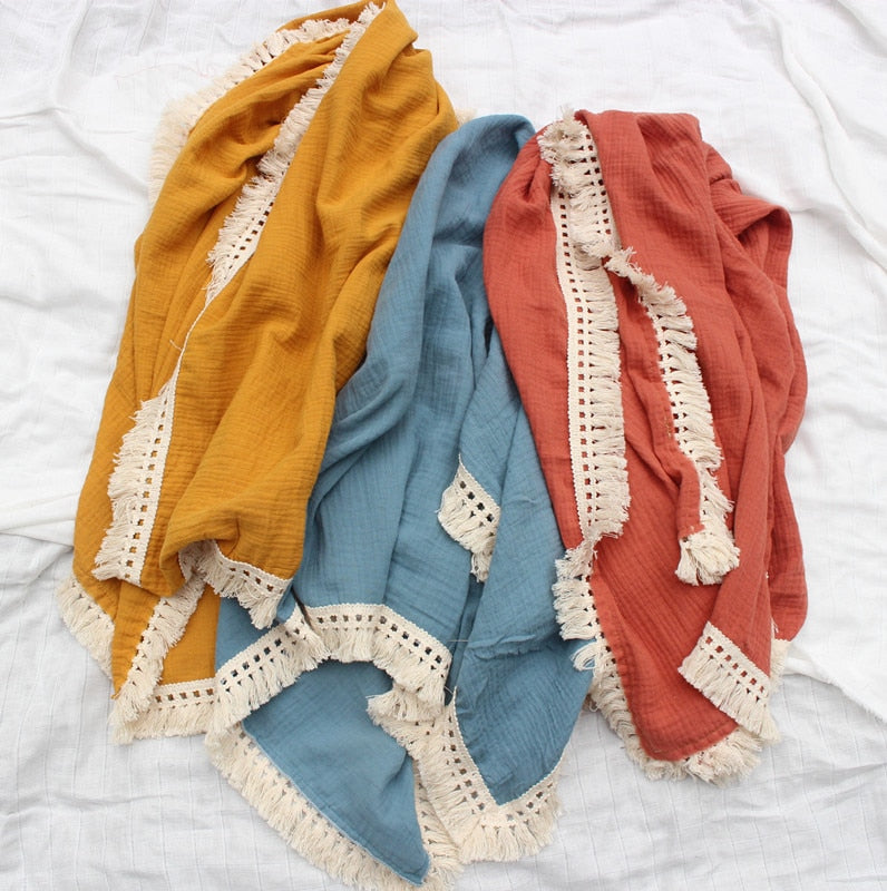 120 x 100cm Tassel Muslin Baby Blanket