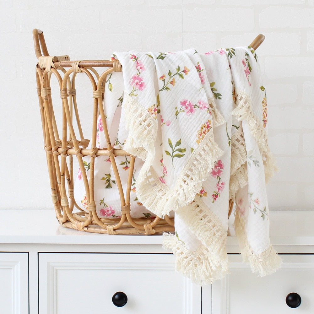 120 x 100cm Tassel Muslin Baby Blanket