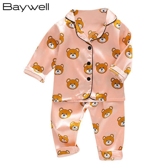 Toddler Silk Satin Pajamas Pyjamas Set Cartoon Kids Boys Girls Sleepwear Autumn Nightwear Suit Girl Home Clothes Boy Loungewear